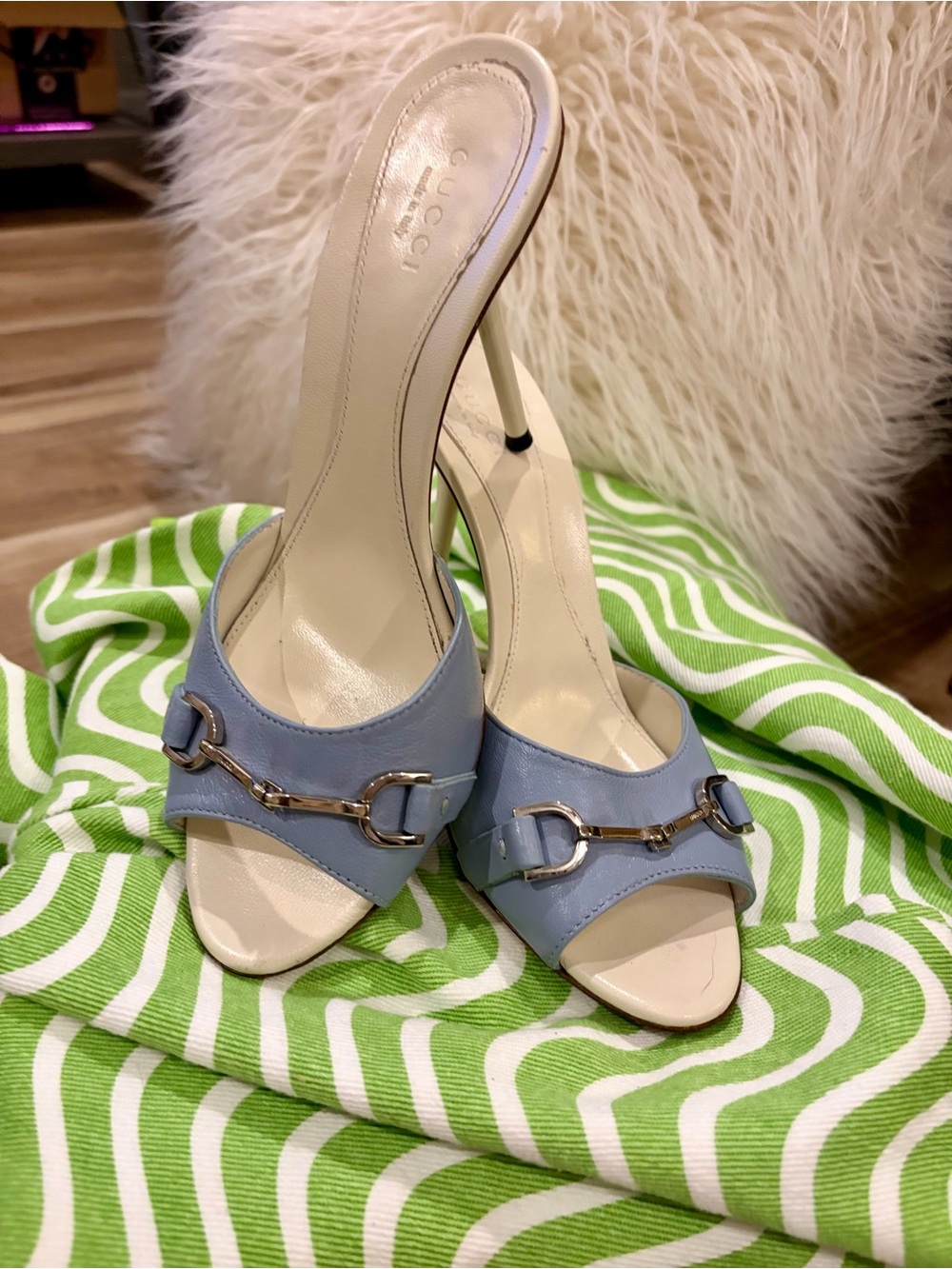 Gucci Light Blue Leather Horsebit Mules